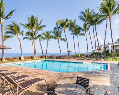 OUTDOOR SWIMMING POOL WITH CHAISE LOUNGE CHAIRS SUNSHADES AND PALM TREES ALONGSIDE THE BEACH.