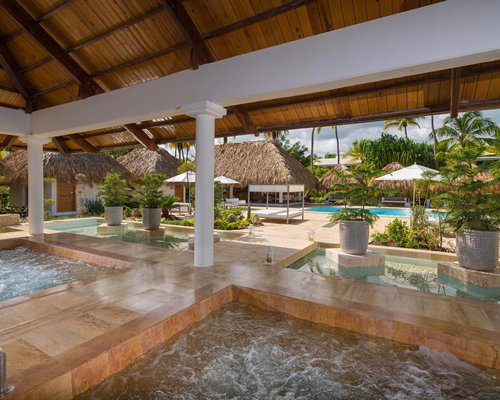 A scenic outdoor swimming pool.