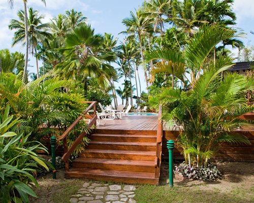 Wooden stairway leading to an outdoor swimming pool with chaise lounge chairs and palm trees.
