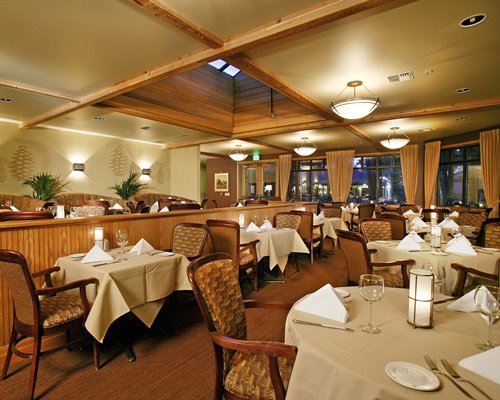 An indoor fine dining restaurant at Seventh Mountain Resort.