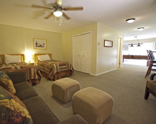 An open plan living area and bedroom with two beds.