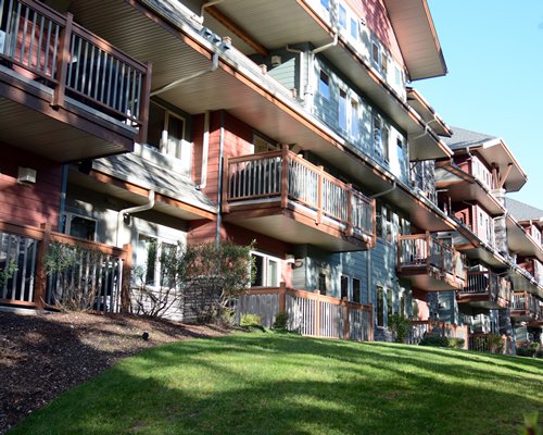 Ground view of the multi story resort balconies.