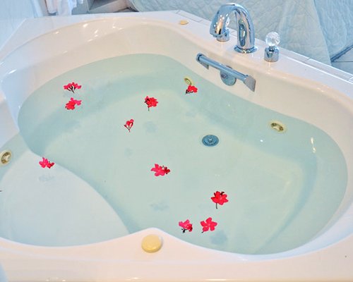 A jacuzzi tub with flower petals.
