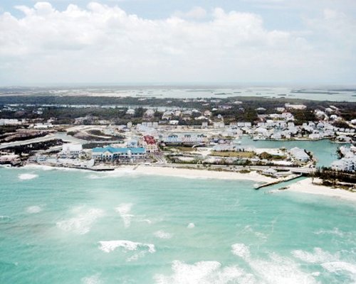 An aerial view of the resort property alongside the beach.