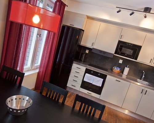 An open plan kitchen and dining area.