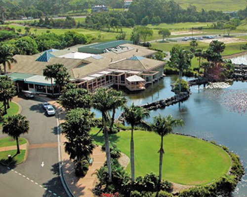 An aerial view of resort property with the waterfront.