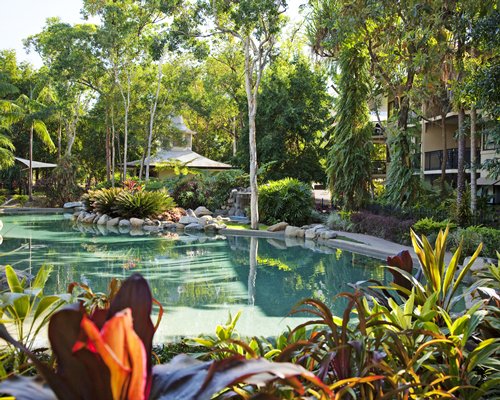 A scenic outdoor swimming pool.