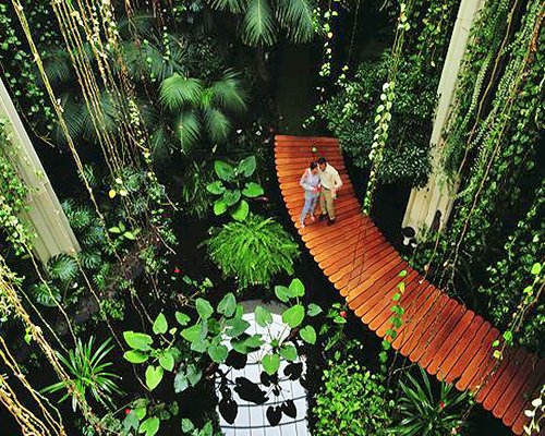 A couple on wooden pathway.