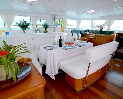 A view of an indoor door dining on the sailing yacht.