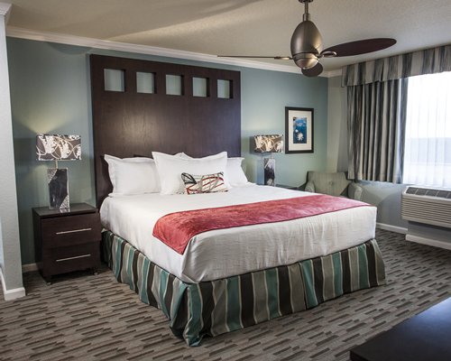 A well furnished bedroom with an outside view.