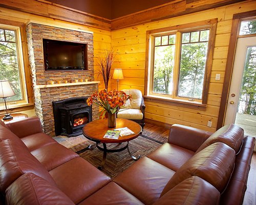 A well furnished living room with a television double pull out sofa and fireplace.