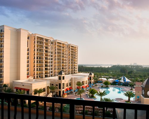 Exterior view of the resort with outdoor swimming pool.