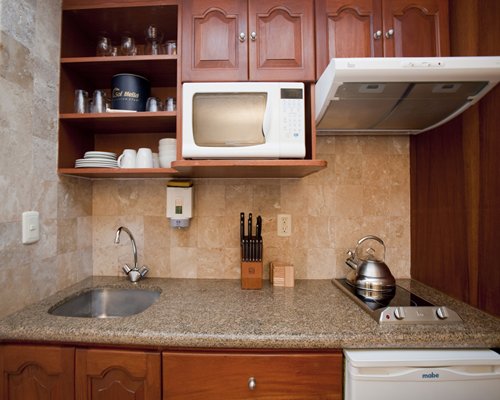 A well equipped kitchen with a microwave oven.