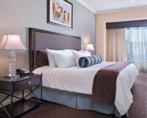 A WELL FURNISHED BEDROOM WITH QUEEN BED AND OUTSIDE VIEW.