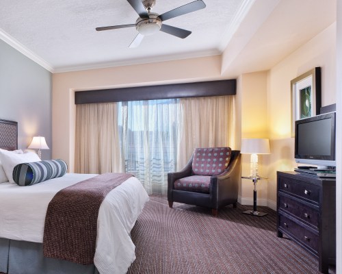 A WELL FURNISHED BEDROOM WITH TELEVISION.