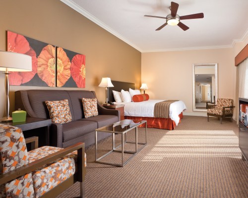A WELL FURNISHED LIVING ROOM WITH QUEEN BED AND OUTSIDE VIEW.