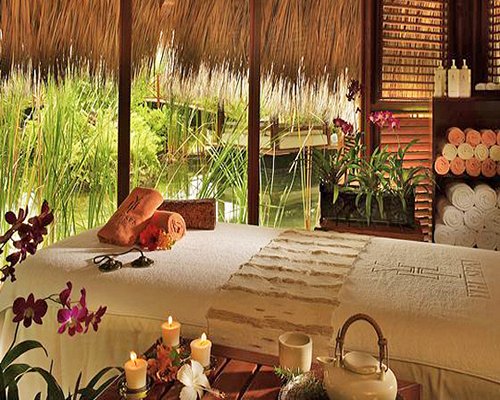 Thatched covered spa with massage bed.