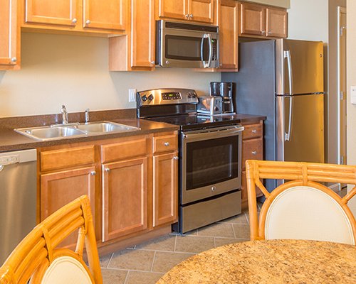 An open plan kitchen and dining area.