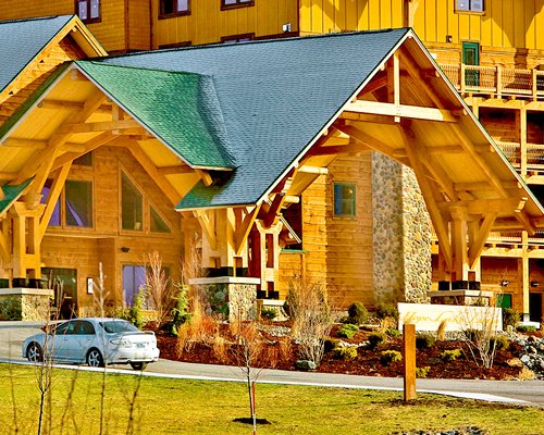 A street view of multi story resort units.