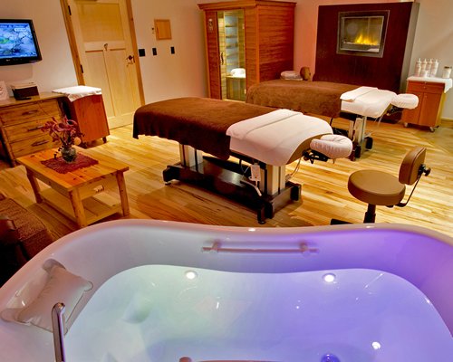 Interior view of the Spa with massage beds and hot tub.