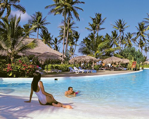 A couple at the beach with chaise lounge chairs thatched sunshades and palm trees.