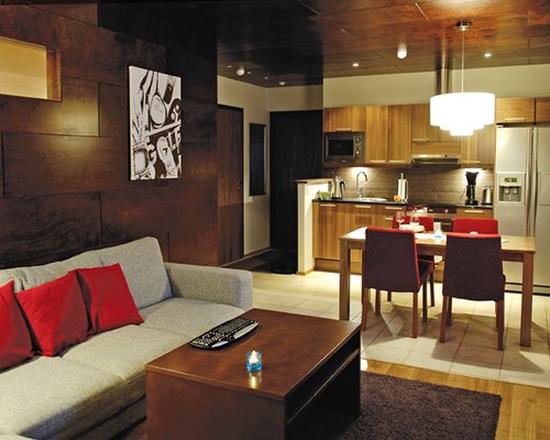 An open plan living dining and kitchen area.
