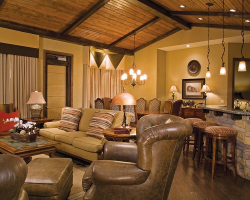 A WELL FURNISHED LIVING AND DINING AREA WITH A BREAKFAST BAR.