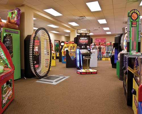 An indoor recreational area with an arcade.