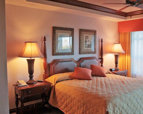 A well furnished bedroom with a telephone and an outside view.