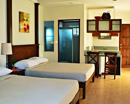 A well furnished bedroom with two beds.
