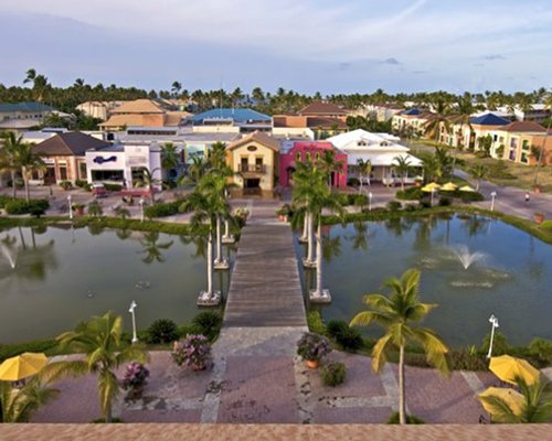 An aerial view of the Ocean Blue & Sand resort with waterfront.