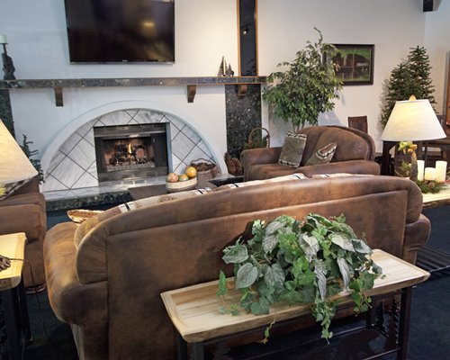 A well furnished living room with a sofa television and fire in the fireplace.