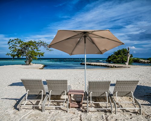 A view of chaise lounge chairs alongside the beach.