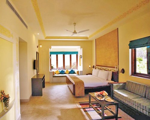 An open plan living and bedroom with a television and an outside view.