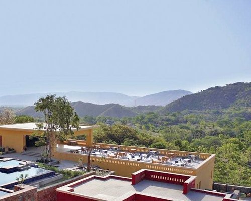 A view of the rooftop restaurant in the Club Mahindra Kumbhalgarh.