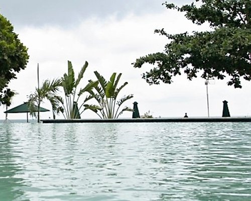 View of the waterfront with trees and sunshades.