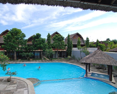 An outdoor swimming pool and hot tub alongside the resort.