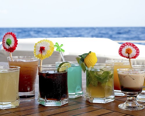 A view of various drinks on the table.