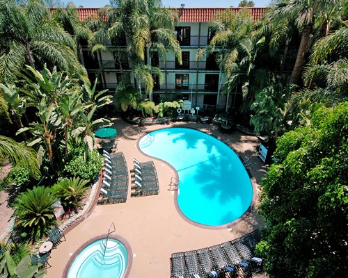 An aerial view of the resort property with a swimming pool.