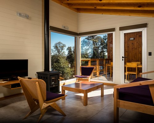 A dining area with an outside view.