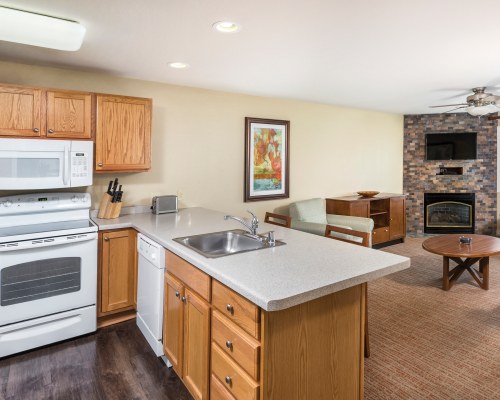 AN OPEN PLAN LIVING AND KITCHEN AREA WITH A TELEVISION AND A FIREPLACE.