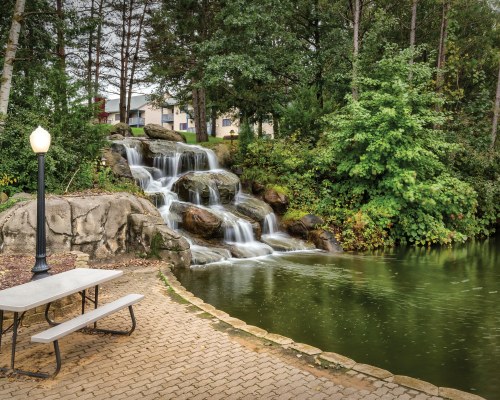 A VIEW OF PICNIC TABLE ALONGSIDE THE WATERFALL.