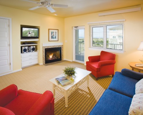 A WELL FURNISHED LIVING ROOM WITH TELEVISION AND FIRE IN THE FIREPLACE.