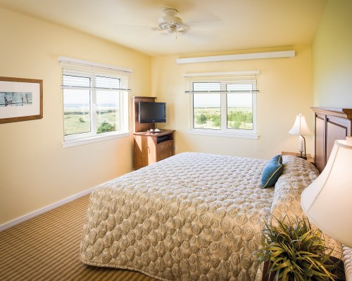 A WELL FURNISHED BEDROOM WITH A TELEVISION AND OUTSIDE VIEW.