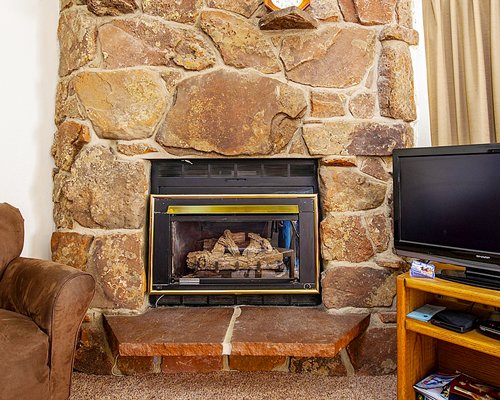 A well furnished living room with a television and a fireplace.