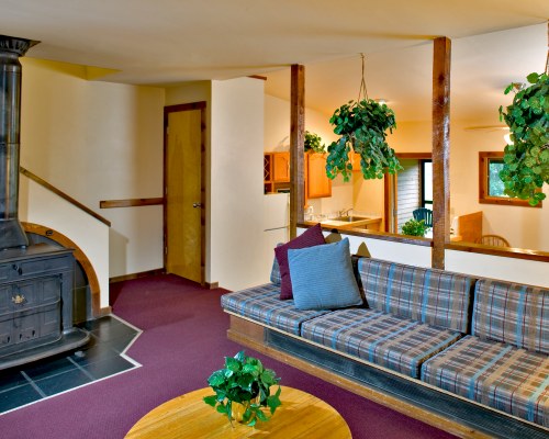 A WELL FURNISHED LIVING ROOM WITH A GLASS LOG FIREPLACE.