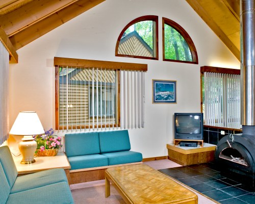 A WELL FURNISHED LIVING ROOM WITH A TELEVISION FIREPLACE AND AN OUTSIDE VIEW.