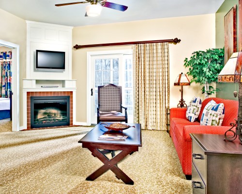 A WELL FURNISHED LIVING ROOM WITH A TELEVISION AND FIRE IN THE FIREPLACE.