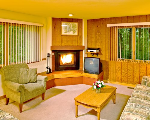 A well furnished living room with a television fire in the fireplace and outside view.