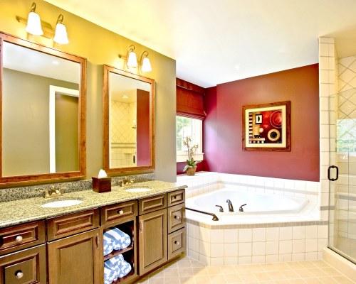 A BATHROOM WITH BATHTUB SHOWER AND DOUBLE SINK VANITY.